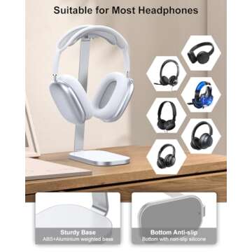 VICHYIE Headphone Stand for AirPods Max, Headset Holder with Aluminum Supporting Rod, Heavy Base Desk Stand Headphones Support Accessory for All Headphones - Silver White