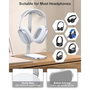 VICHYIE Headphone Stand for AirPods Max, Headset Holder with Aluminum Supporting Rod, Heavy Base Desk Stand Headphones Support Accessory for All Headphones - Silver White