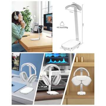 VICHYIE Headphone Stand for AirPods Max, Headset Holder with Aluminum Supporting Rod, Heavy Base Desk Stand Headphones Support Accessory for All Headphones - Silver White