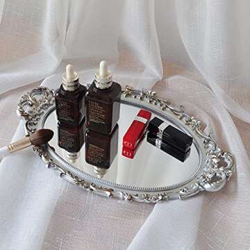 Yamfurga Oval Decorative Mirror Tray, French Style Flower Frame, Makeup Organizer, Jewelry Organizer, Serving Tray, 9.8"x 14.6", Golden Silver