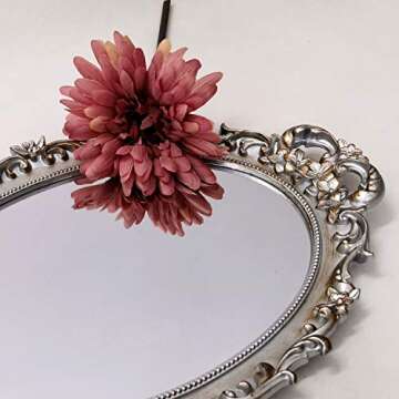 Yamfurga Oval Decorative Mirror Tray, French Style Flower Frame, Makeup Organizer, Jewelry Organizer, Serving Tray, 9.8"x 14.6", Golden Silver