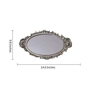 Yamfurga Oval Decorative Mirror Tray, French Style Flower Frame, Makeup Organizer, Jewelry Organizer, Serving Tray, 9.8"x 14.6", Golden Silver
