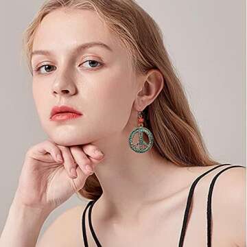 KaFu Unique Antique Silver Round Peace Sign Symbol Hook Dangle Drop Earring Vintage alloy Hollow Carved Flower Drop Earring For Women Jewelry Gift (Ancient gold)