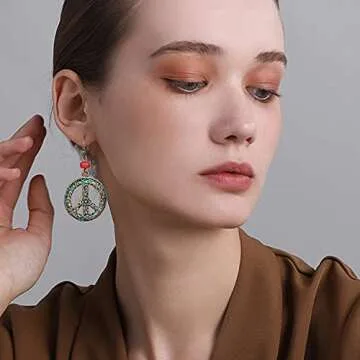 KaFu Unique Antique Silver Round Peace Sign Symbol Hook Dangle Drop Earring Vintage alloy Hollow Carved Flower Drop Earring For Women Jewelry Gift (Ancient gold)