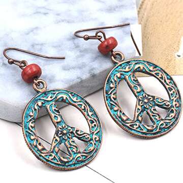 KaFu Unique Antique Silver Round Peace Sign Symbol Hook Dangle Drop Earring Vintage alloy Hollow Carved Flower Drop Earring For Women Jewelry Gift (Ancient gold)