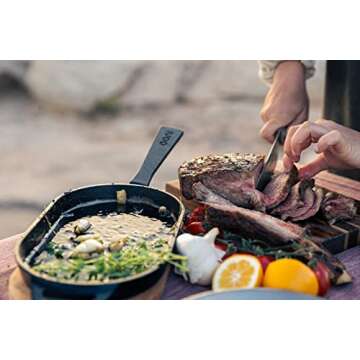 ooni Cast Iron Sizzler Pan - Griddle Frying Pan, 12" x 6" Sizzler Plate with Removable Handle and Bamboo Trivet, Pre-Seasoned Non-Stick Oven Safe Cookware, Pizza Oven and BBQ Accessories