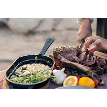 ooni Cast Iron Sizzler Pan - Griddle Frying Pan, 12" x 6" Sizzler Plate with Removable Handle and Bamboo Trivet, Pre-Seasoned Non-Stick Oven Safe Cookware, Pizza Oven and BBQ Accessories