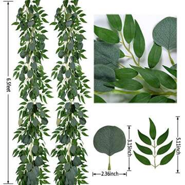 2Pack 6.6 FT Eucalyptus Garland with Willow Leaves Artificial Greenery Garland for Backdrop Wedding ...