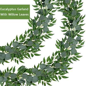 2Pack 6.6 FT Eucalyptus Garland with Willow Leaves Artificial Greenery Garland for Backdrop Wedding Decoration