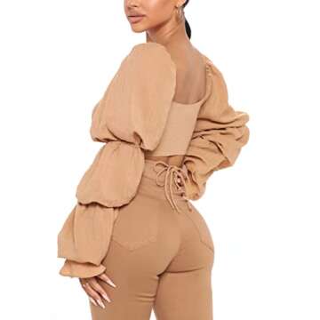 Remidoo Women's Sexy Self Tie Front Ruched Puff Long Sleeve Crop Top Blouse