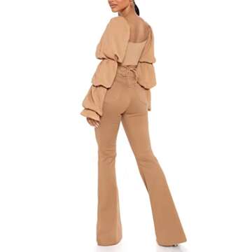 Remidoo Women's Sexy Self Tie Front Ruched Puff Long Sleeve Crop Top Blouse