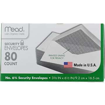 Mead #6-3/4 Envelopes, Security Printed Lining for Privacy, Gummed Closure, 3-5/8" x 6-1/2", All-Purpose 20-lb Paper, White, 80 per Box (75212)