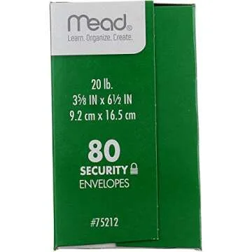 Mead #6-3/4 Envelopes, Security Printed Lining for Privacy, Gummed Closure, 3-5/8" x 6-1/2", All-Purpose 20-lb Paper, White, 80 per Box (75212)