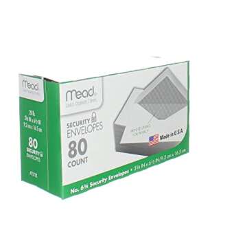 Mead #6-3/4 Envelopes, Security Printed Lining for Privacy, Gummed Closure, 3-5/8" x 6-1/2", All-Purpose 20-lb Paper, White, 80 per Box (75212)