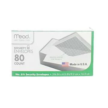 Mead #6-3/4 Envelopes, Security Printed Lining for Privacy, Gummed Closure, 3-5/8" x 6-1/2", All-Purpose 20-lb Paper, White, 80 per Box (75212)