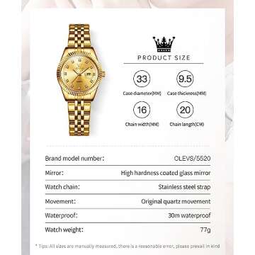 OLEVS Watch Women Gold Watches for Women Wrist Watch Ladies Analog Women Watch with Date Diamond Women's Watch Dress Classic Stainless Steel Watch for Women Waterproof Female Watch Reloj para Mujer