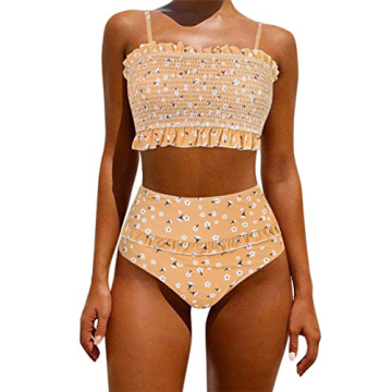 OMKAGI Women's Cute Shirred Swim High Waisted Bikini Set