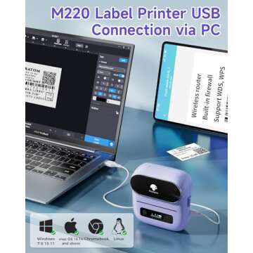 Phomemo M220 Label Maker, Bluetooth Thermal Label Maker Machine with Tape for Barcode, Address, Home, Mailing, Small Business,Clothing, Portable Wireless Printer with 1 Rolls Label, Purple