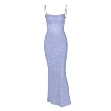 Women Sexy Sleeveless Spaghetti Strap Split Satin Dress Tie Dye Backless Midi Dresses Y2K Bodycon Club Party Sundress (I-Blue Floral Dress, Medium)