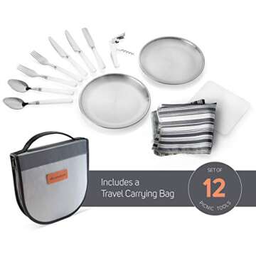 Camping Silverware Kit Cutlery Organizer Utensil Picnic Set - 12 Piece Mess Kit For 2 - Stainless St...