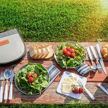 Camping Silverware Kit Cutlery Organizer Utensil Picnic Set - 12 Piece Mess Kit For 2 - Stainless Steel Plate Spoon Butter and Serrated Knife Wine Opener Fork Napkin Hiking - Camp Kitchen BBQ’s (Grey)