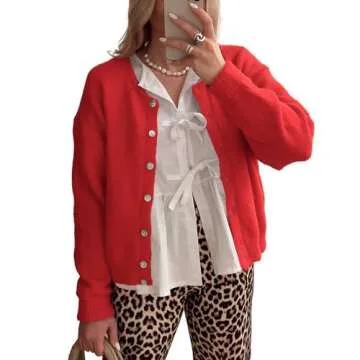 ThCreasa Womens Solid Long Sleeve Cardigans Button Up Knit Open Front Classic Fall Winter Sweater Shirt Outerwear Red S