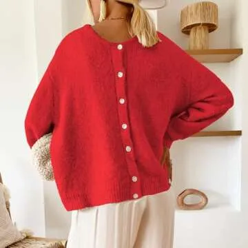 ThCreasa Womens Solid Long Sleeve Cardigans Button Up Knit Open Front Classic Fall Winter Sweater Shirt Outerwear Red S