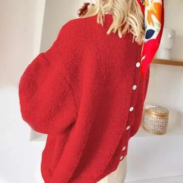 ThCreasa Womens Solid Long Sleeve Cardigans Button Up Knit Open Front Classic Fall Winter Sweater Shirt Outerwear Red S