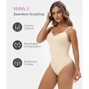 YIANNA Shapewear for Women Tummy Control Bodysuit Seamless Sculpting Snatched Waist Body Suit Thong,YA5215-Beige-S/M