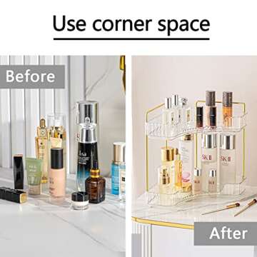 shuang qing 2-Tier Corner Bathroom Counter Organizer, Countertop Perfume Tray and Vanity Organizer, Makeup Cosmetic Storage, Corner Storage Organizers for Bathroom, Dresser, Kitchen (Clear)