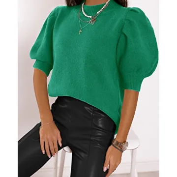 Women's Puff Short Sleeve Sweater Tops 2024 Spring Summer Trendy Crew Neck Casual T Shirts Blouses Green