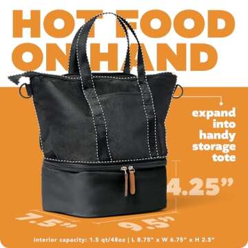 HOTLOGIC Mini XP Portable Electric Lunch Box Food Heater - Expandable Food Warmer Tote and Heated Lunchbox for Adults Work/Car/Home - Easily Cook, Reheat, and Keep Your Food Warm - BLACK - 120V