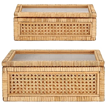 Stylish Set of 2 Rattan Storage Boxes with Glass Lids for Home Decoration