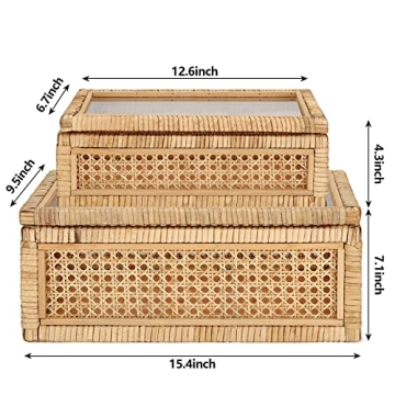 Boho Rattan Decorative Storage Boxes with Glass Lids