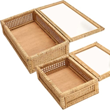 Boho Rattan Decorative Storage Boxes with Glass Lids