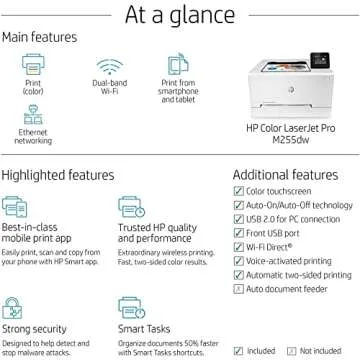 HP Color Laserjet Pro M255dw Wireless Laser Printer, Auto 2-Sided Printing, Remote Mobile Print, 22 ppm, 250-Sheet, Compatible with Alexa, White - Bundle with JAWFOAL Printer Cable