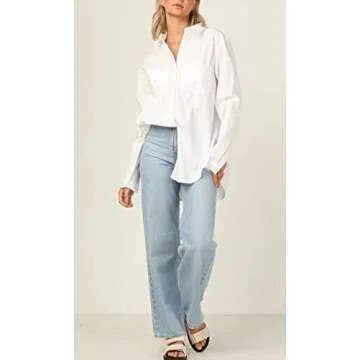 SAFRISIOR Women’s Striped Button Down Shirt Oversized Long Sleeve V Neck Collar Roll Up Blouse Top with Pockets White