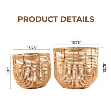 X AVIA HANDICRAFTS Set Of 2 Large Woven Blanket Baskets With Handles | Round Wicker Rattan Storage F...
