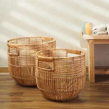 X AVIA HANDICRAFTS Set Of 2 Large Woven Blanket Baskets With Handles | Round Wicker Rattan Storage Floor Baskets for Shoe In Living Room | Extra Big Boho Rattan Laundry Baskets For Pillow, Blanket