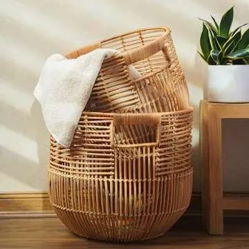 X AVIA HANDICRAFTS Set Of 2 Large Woven Blanket Baskets With Handles | Round Wicker Rattan Storage Floor Baskets for Shoe In Living Room | Extra Big Boho Rattan Laundry Baskets For Pillow, Blanket