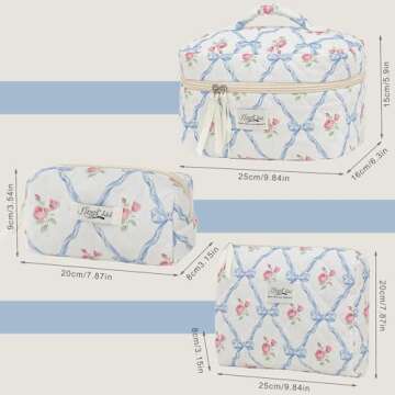 kingkiss 3PCS Quilted Floral Makeup Bag, Large Capacity Travel Cosmetic Bag, Cute Floral Makeup Bag Makeup Travel Organizer, for Women Girls (Blue)