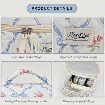 kingkiss 3PCS Quilted Floral Makeup Bag, Large Capacity Travel Cosmetic Bag, Cute Floral Makeup Bag Makeup Travel Organizer, for Women Girls (Blue)