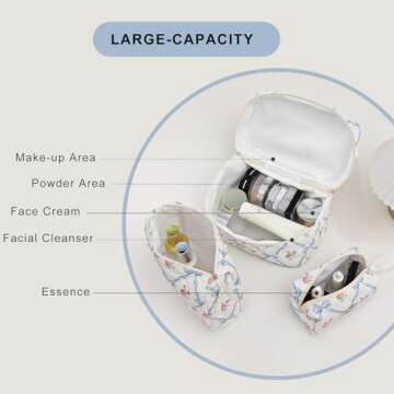 kingkiss 3PCS Quilted Floral Makeup Bag, Large Capacity Travel Cosmetic Bag, Cute Floral Makeup Bag Makeup Travel Organizer, for Women Girls (Blue)