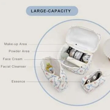 kingkiss 3PCS Quilted Floral Makeup Bag, Large Capacity Travel Cosmetic Bag, Cute Floral Makeup Bag Makeup Travel Organizer, for Women Girls (Blue)