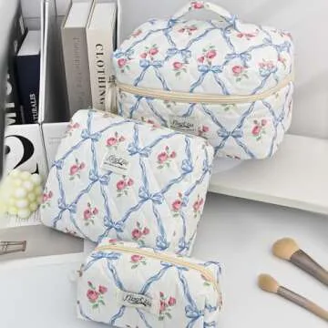 kingkiss 3PCS Quilted Floral Makeup Bag, Large Capacity Travel Cosmetic Bag, Cute Floral Makeup Bag Makeup Travel Organizer, for Women Girls (Blue)