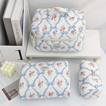 kingkiss 3PCS Quilted Floral Makeup Bag, Large Capacity Travel Cosmetic Bag, Cute Floral Makeup Bag Makeup Travel Organizer, for Women Girls (Blue)