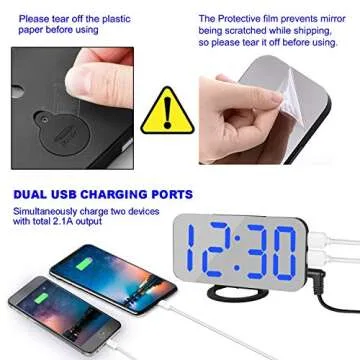 Digital Alarm Clock,Mirror Surface LED Electronic Clocks,with USB Charger,Snooze Model, Auto/Custom Brightness,for Office Table Bedroom Nightstand(Black-Blue)