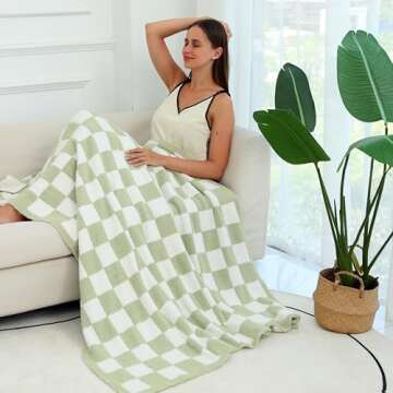 Ultra Soft Checkered Blanket Cozy Buffalo Check Throw Fluffy Knitted Reversible Throw Blanket Lightweight Fleece Checkerboard Grid Blanket for Sofa Couch Bed Travel, Sage Green, 51''x63''