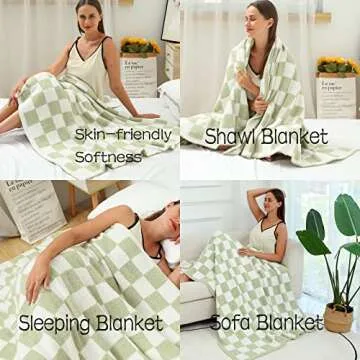 Ultra Soft Checkered Blanket Cozy Buffalo Check Throw Fluffy Knitted Reversible Throw Blanket Lightweight Fleece Checkerboard Grid Blanket for Sofa Couch Bed Travel, Sage Green, 51''x63''