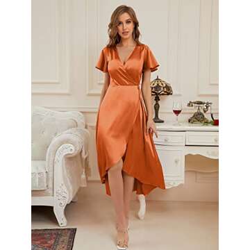 ZABERRY Women Summer Wrap V Neck Satin Cocktail Beach Cap Sleeves Midi Dress with Belt